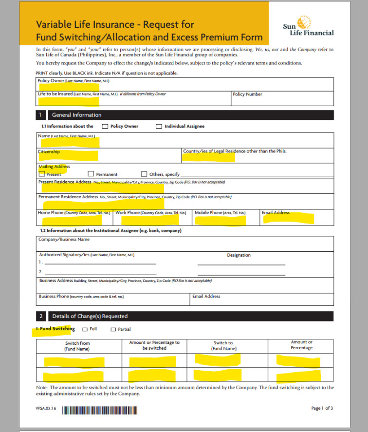 VUL Fund Switching Form